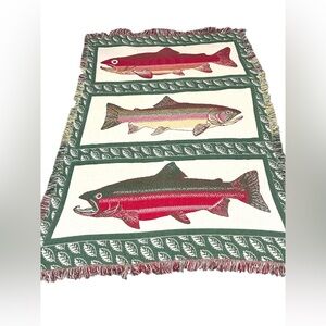 Vintage Throw Blanket Trout Fish with Fringe Cabincore